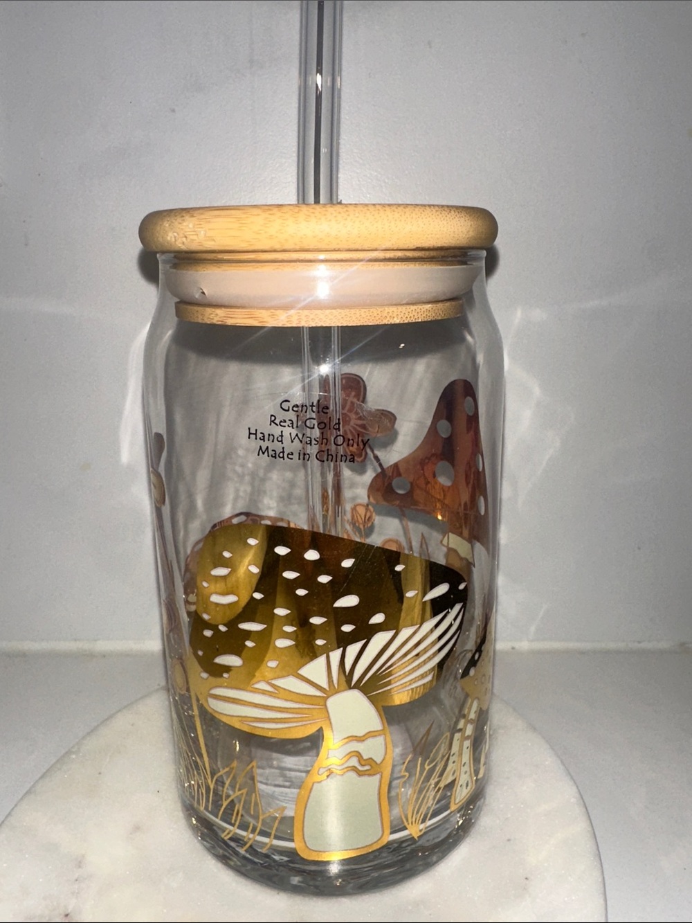 Mushroom Glass Drinking Jar with Bamboo Lid and glass Straw - Gold Accents